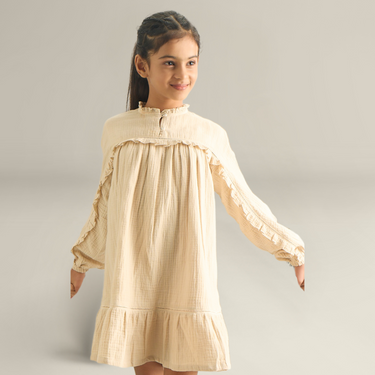 Dolman Sleeves Dress With Ruffles And Ladder Lace