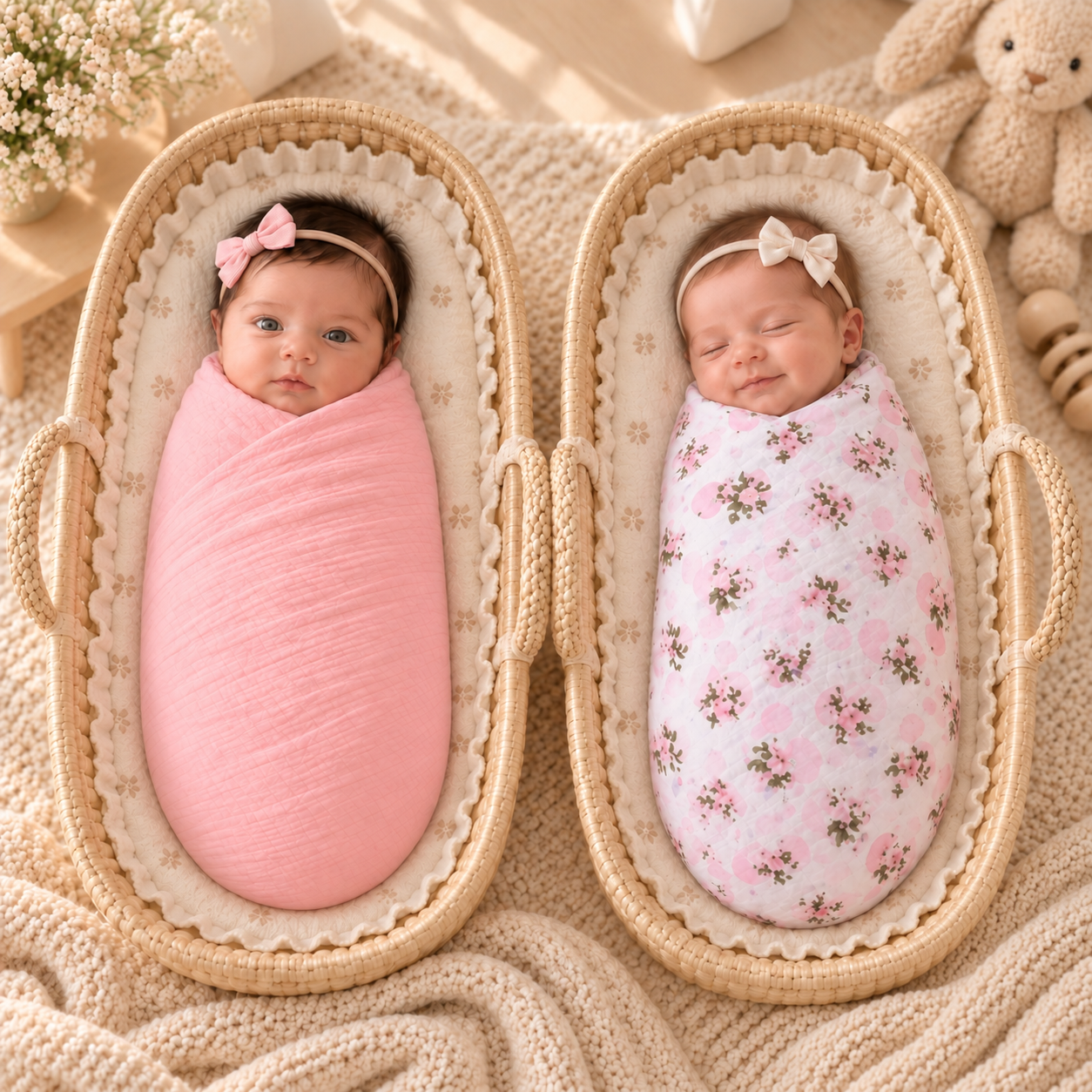 Muslin Swaddle - 2Pc Set -  Tea Rose Print & Parfait Pink - MyMilestones 