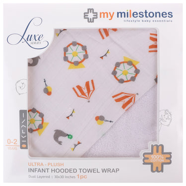 Infant Hooded Towel Wrap - Carnival Print White/Orange - MyMilestones 