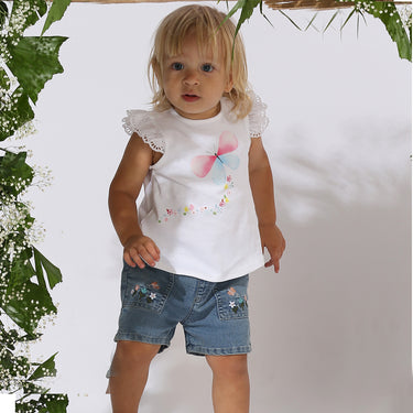 Butterfly Print Tee With Denim Shorts - Girls - White
